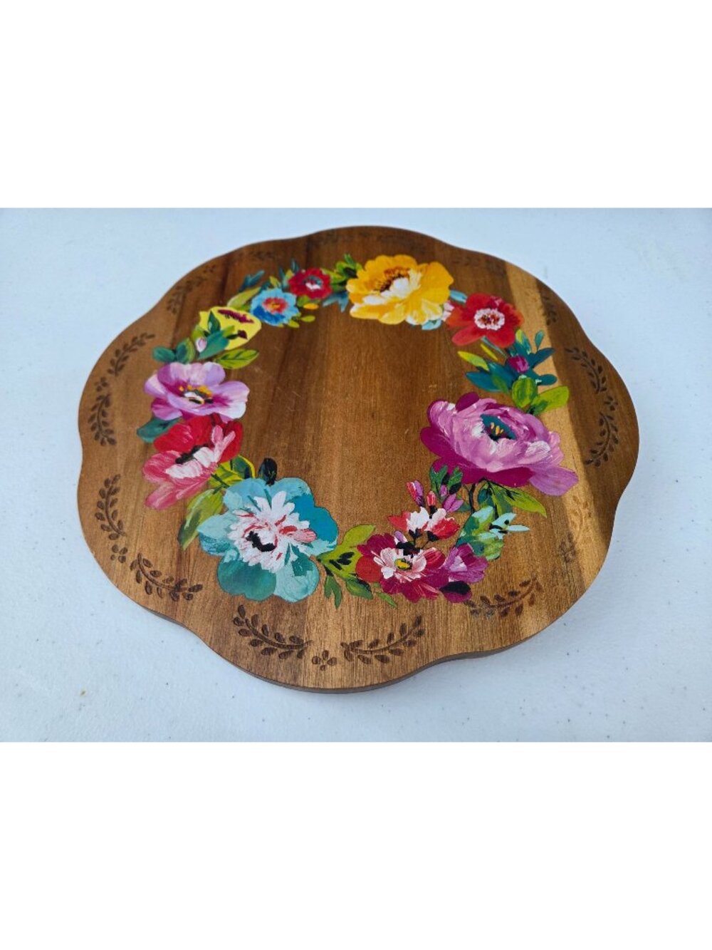 Pioneer Woman Wooden 12" Floral Lazy Susan Hand-Painted Scalloped Edge VGC